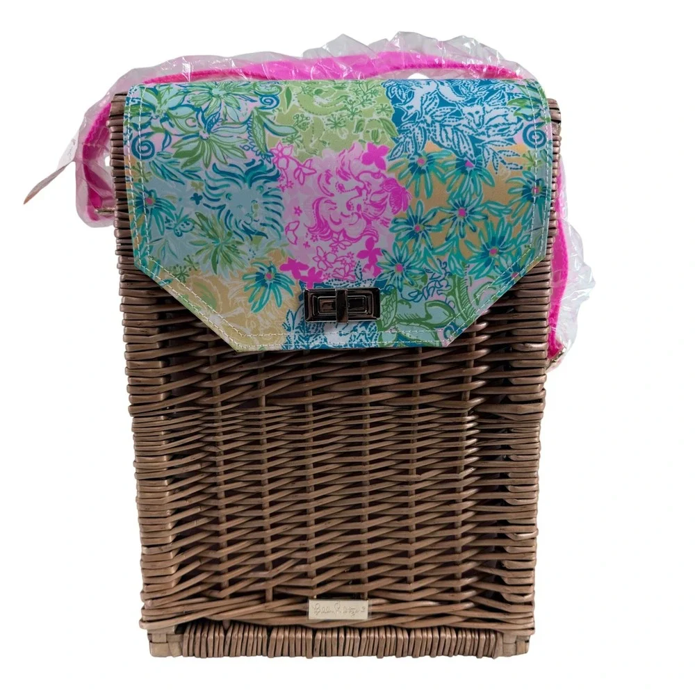 Lilly Pulitzer Wicker Wine‎ Picnic Basket Shoulder Bag Pink Floral Straps NWOT